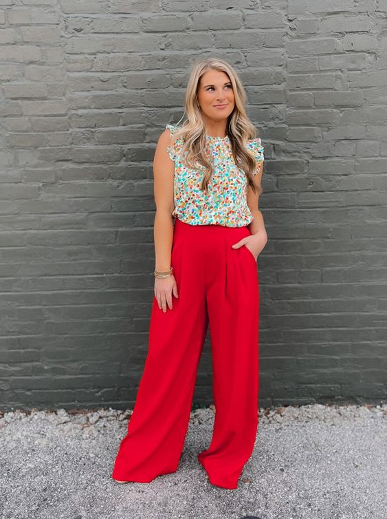 Floral Top with Bold Red Wide-Leg Pants